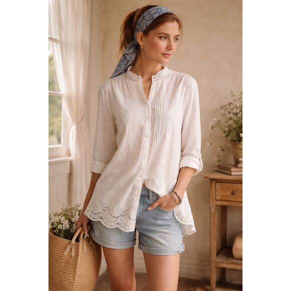 Anthropologie Tops - Anthropologie Isabella Sinclair White Embroidered Lace Blouse Button Up Boho M